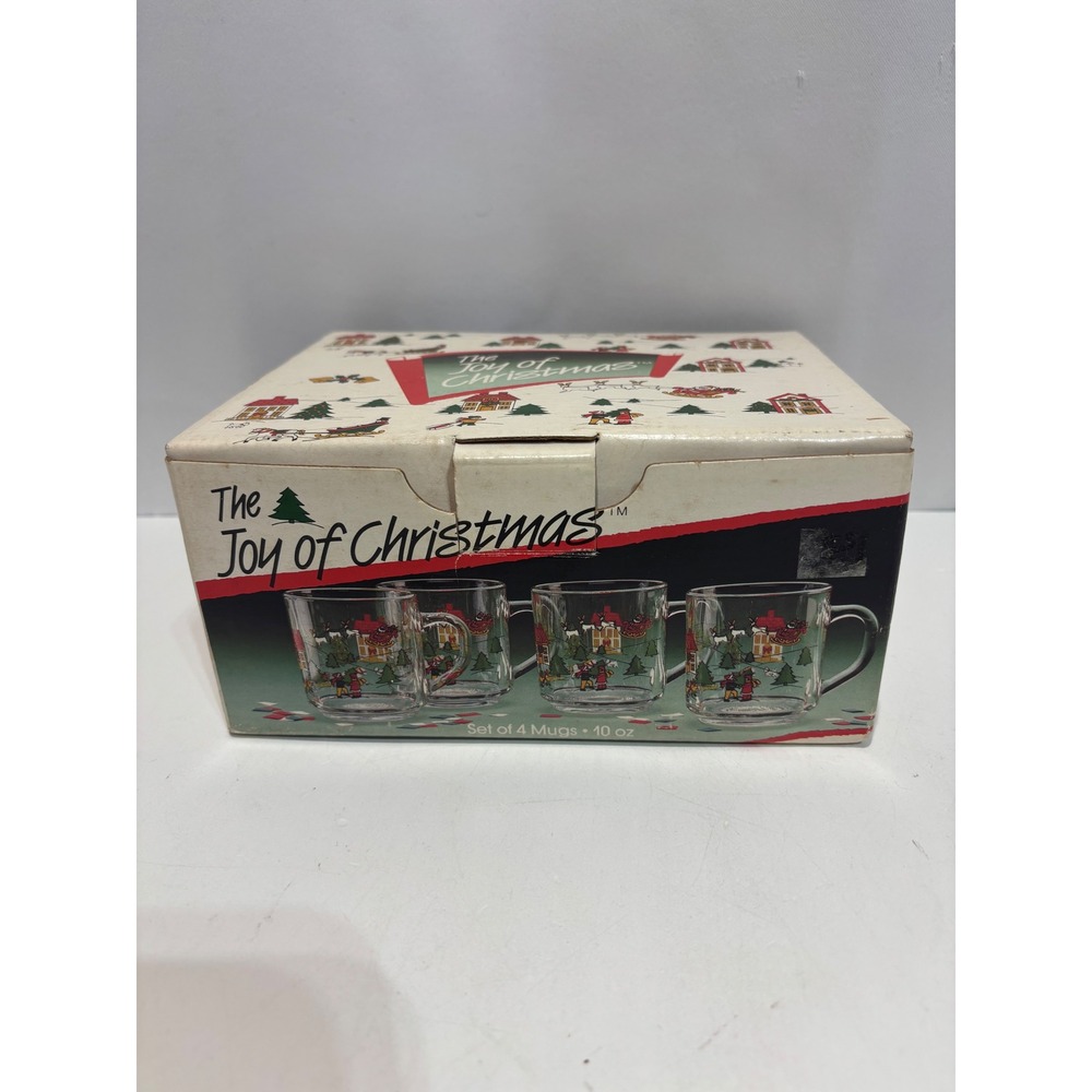 VTG 1988 carlton Glass Joy of Christmas Mugs 4 10oz Clear Holiday Santa Reindeer